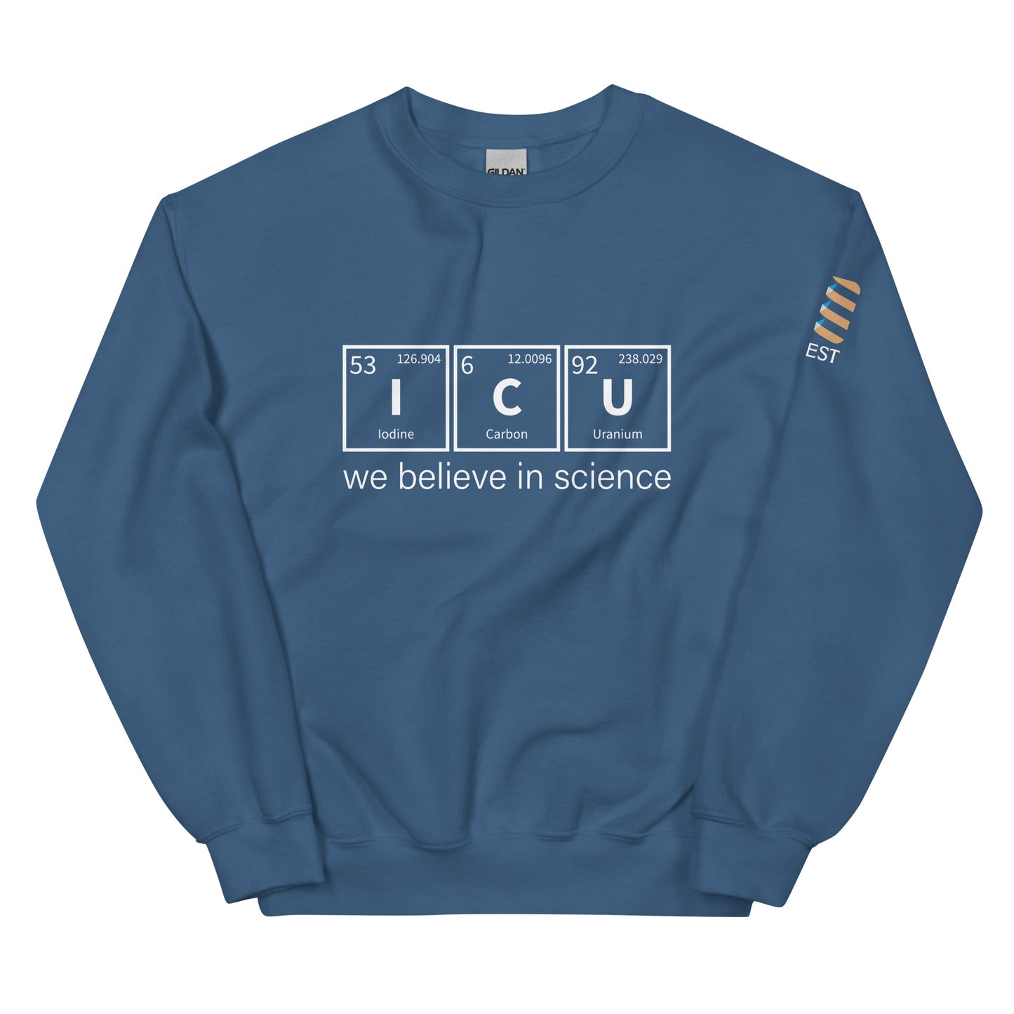 crew neck - we believe in science - indigo blue